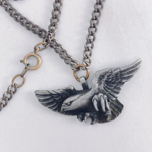 VTG 1970s Pewter Eagle Pendant Necklace Biker Style Chain Jewelry Unisex - Picture 2 of 11